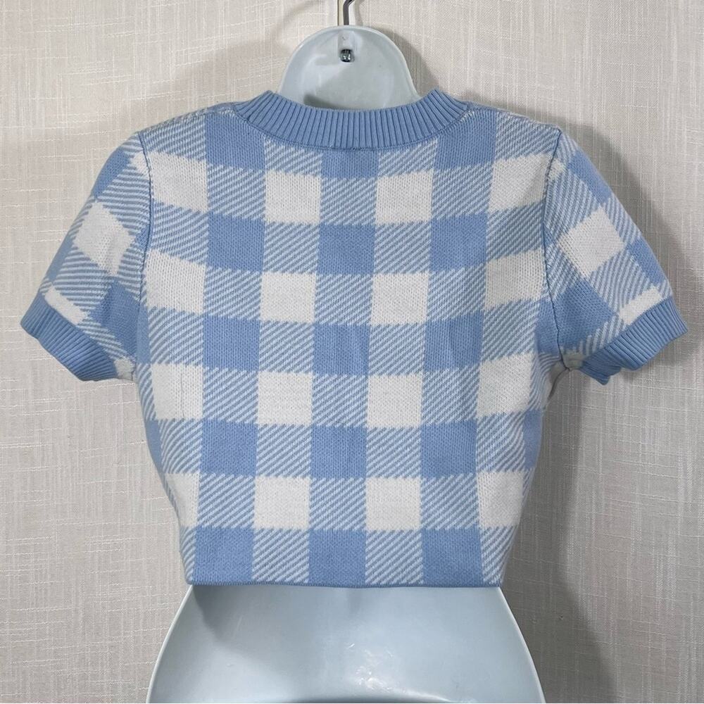 H&M Cropped Plaid Short Sleeve Knit Sweater Top Sz M - Picture 8 of 16